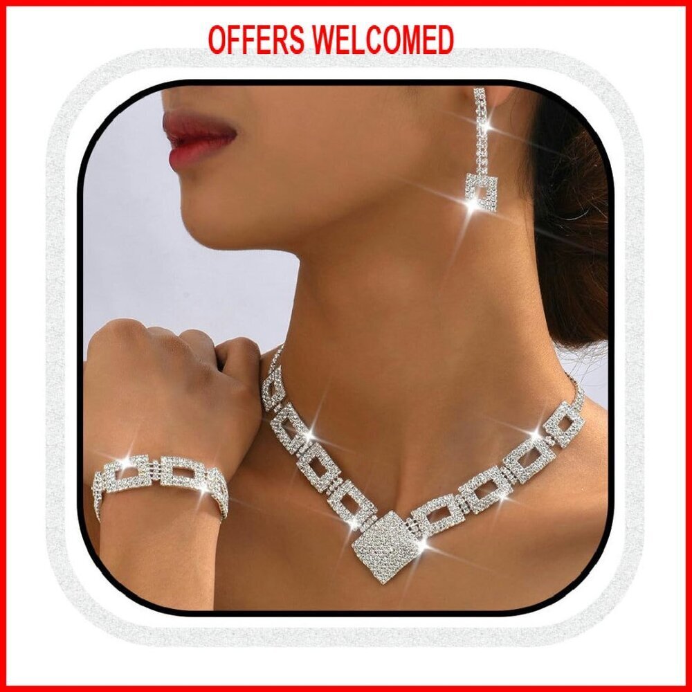Silver Crystal Bridal Jewelry Set Necklace Earrings Bracelet Formal